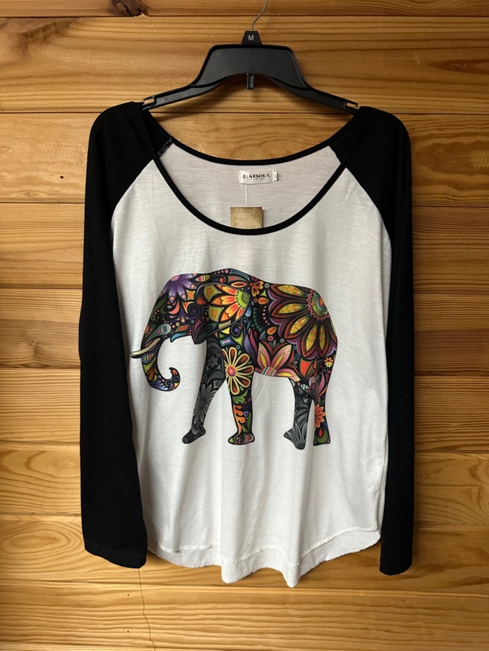 L.A. Soul Women's Black & White Elephant Graphic Raglan Top Size XL